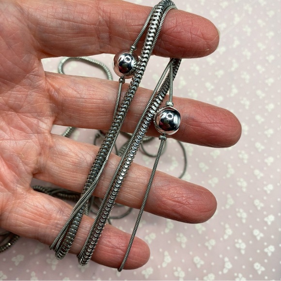 Silver Tone Triple Strand Chain Necklace With Accent Beads - Picture 2 of 6